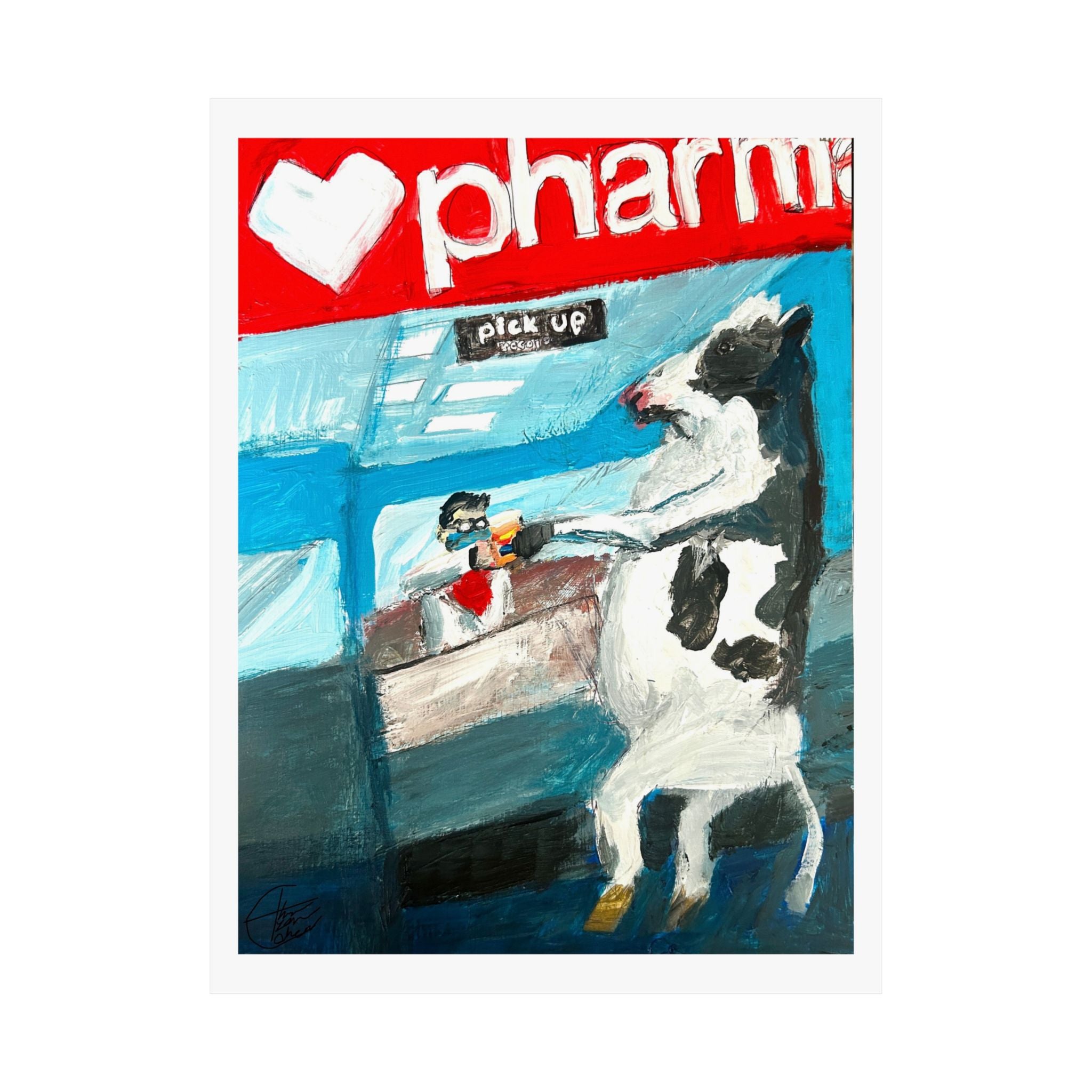 "Cow Picking Up Prescription From Pharmacy" Fine Art Print