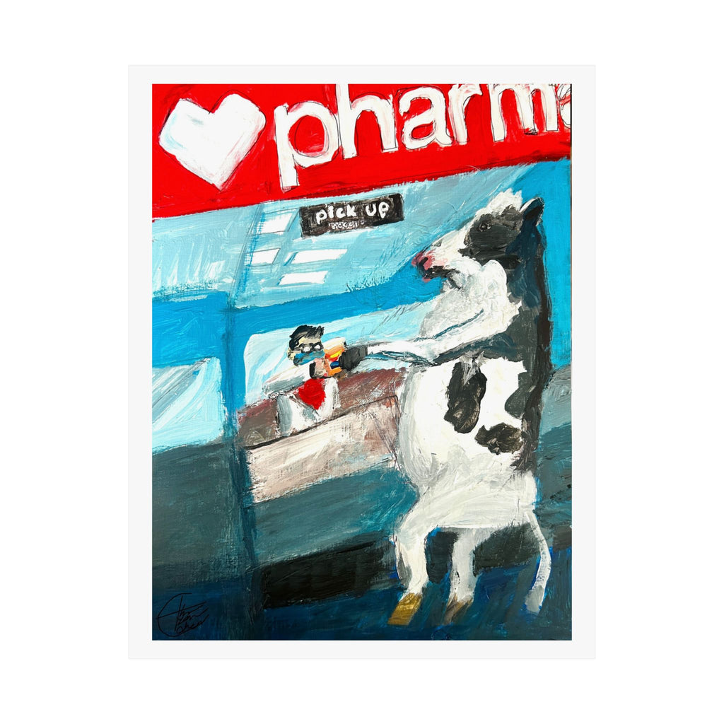 "Cow Picking Up Prescription From Pharmacy" Fine Art Print