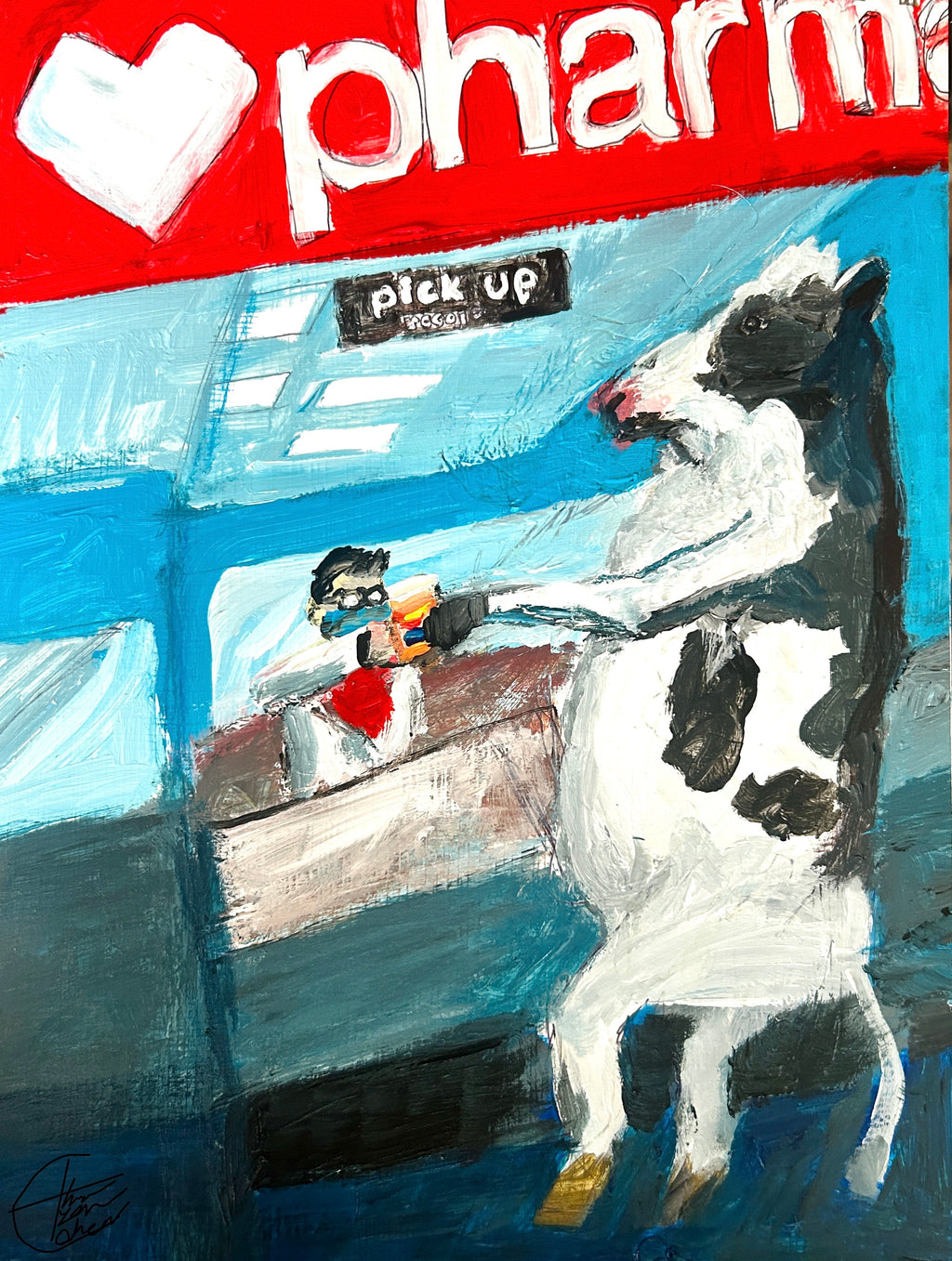 "Cow Picking Up Prescription From Pharmacy" Fine Art Print