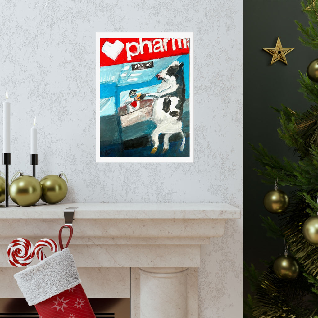 "Cow Picking Up Prescription From Pharmacy" Fine Art Print